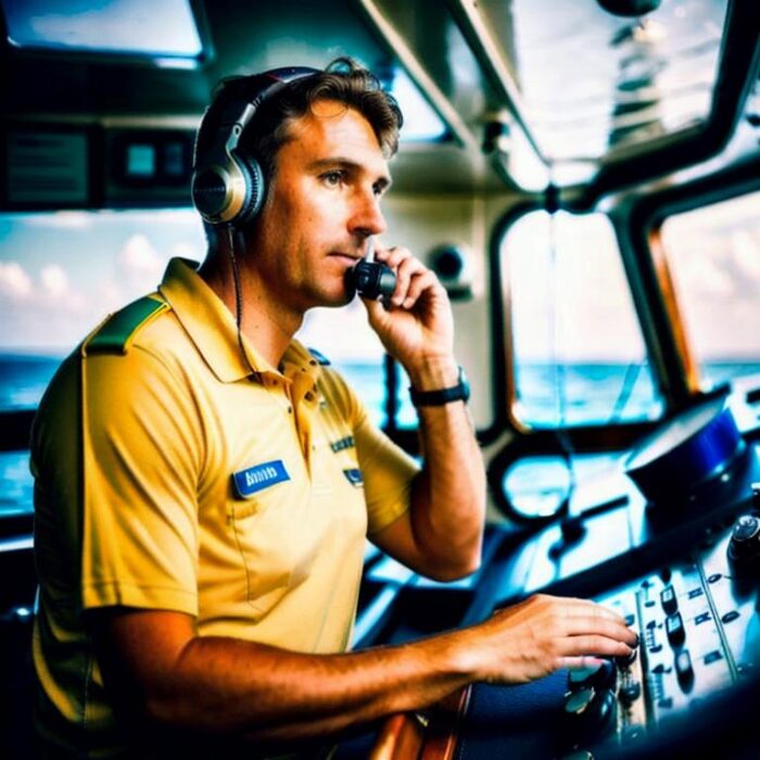 A photograph of a man at the helm of a ship talking on a radio