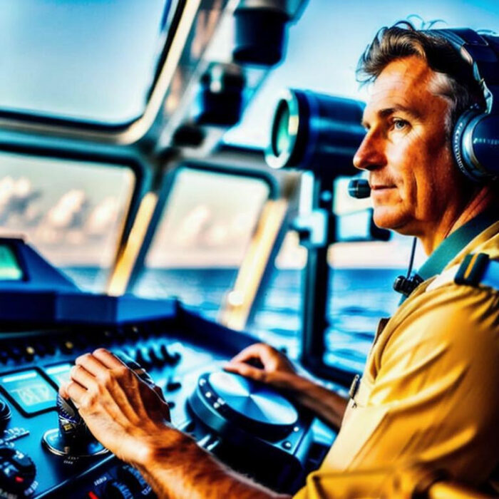 A photograph of a man at the helm of a ship talking on a radio